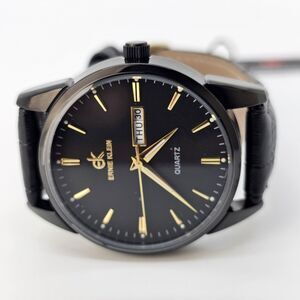 38MM Men’s Ernie‎ Klein Watch Black Dial Day Date Indicators Black Leather Bands